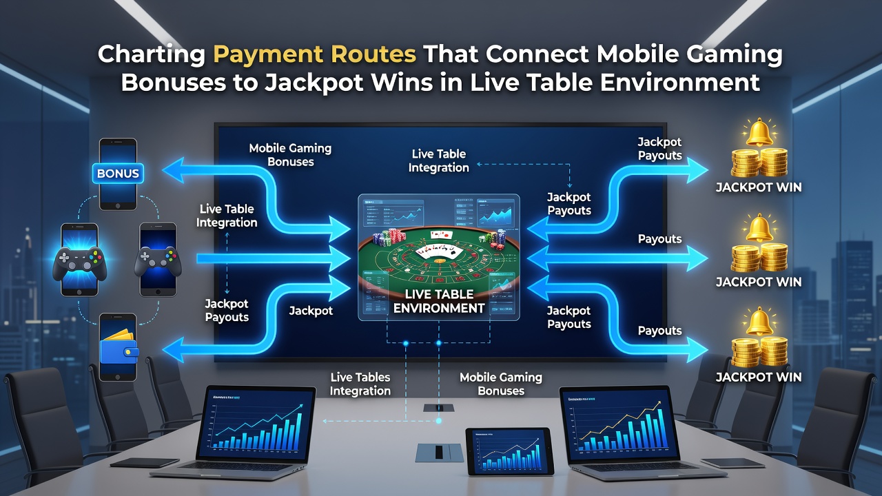 Flowchart illustrating mobile bonus conversion and routing into live dealer jackpot systems
